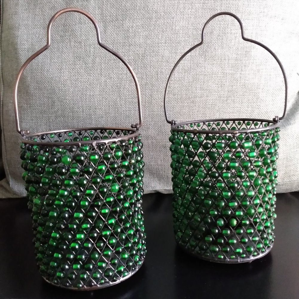 Pair of Green Beaded Tealight Candle Holder Lanterns